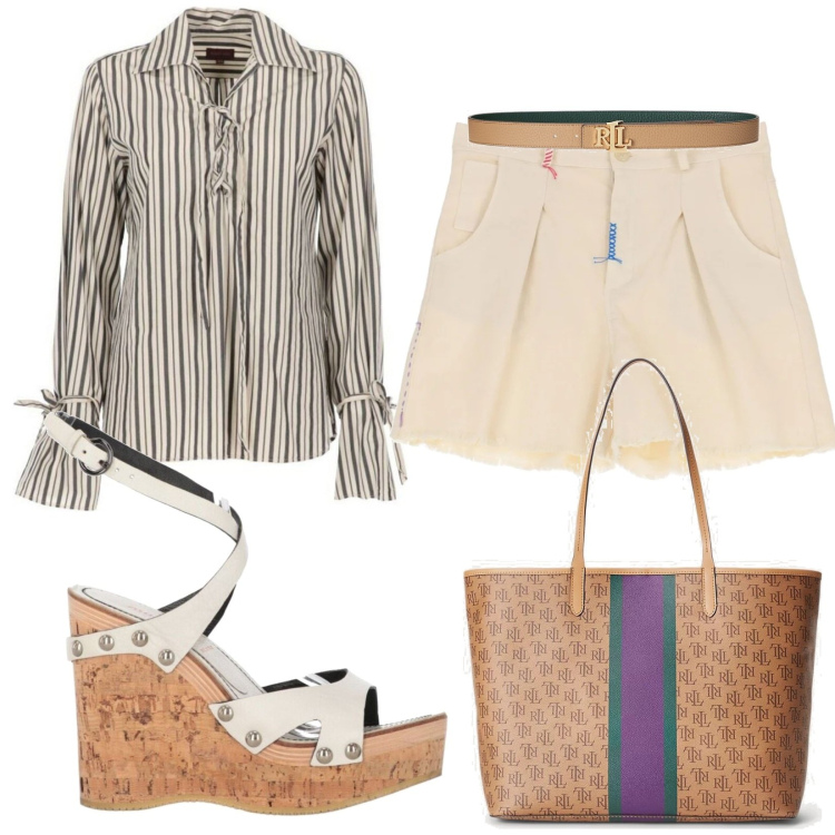Outfit donna - Total look #1700649. Stile Casual chic per Tutti i giorni. Abbinamento con camicie, sandali, shorts, cinture, borse tote.