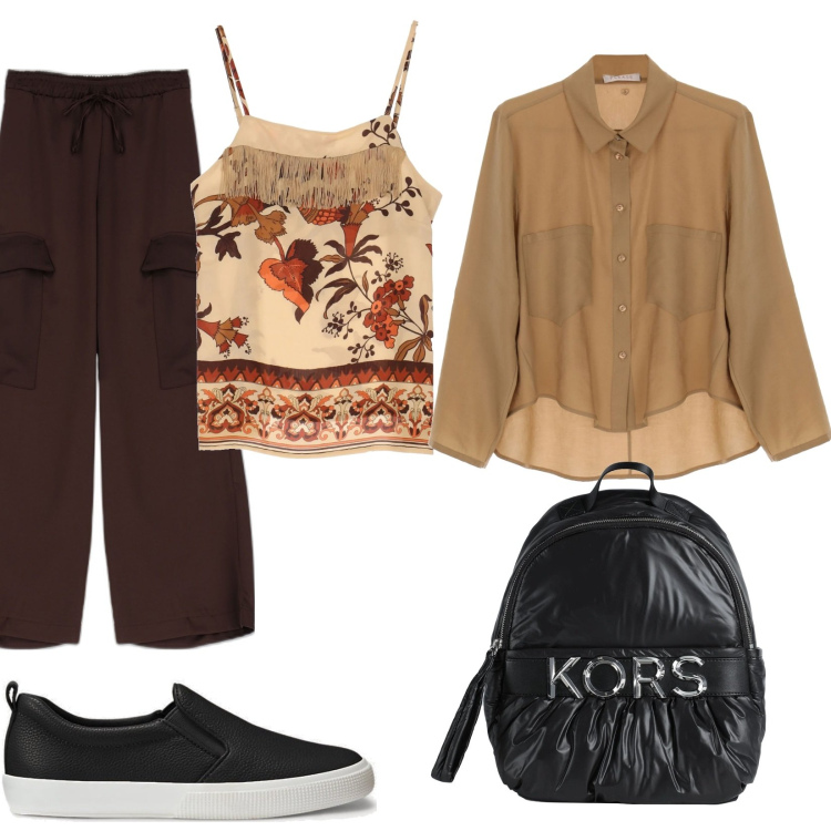 Outfit donna - Look marrone e nero. Stile Urban per Tutti i giorni. Abbinamento con zaini, camicie, pantaloni a palazzo, sneakers, canottiere.