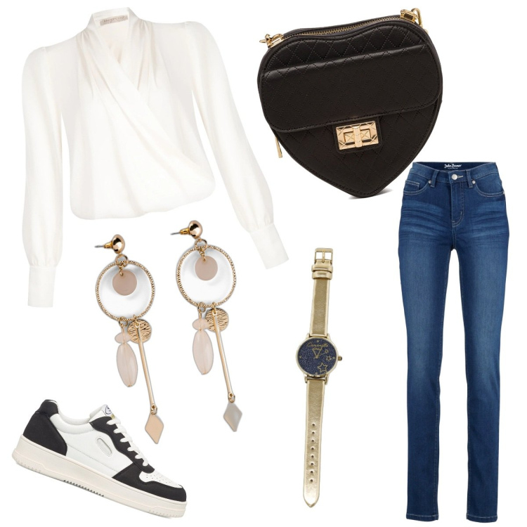 Outfit donna - Total look #1700684. Stile Bon Ton per Tutti i giorni. Abbinamento con jeans, orecchini, bluse, sneakers, borse a tracolla, orologi.