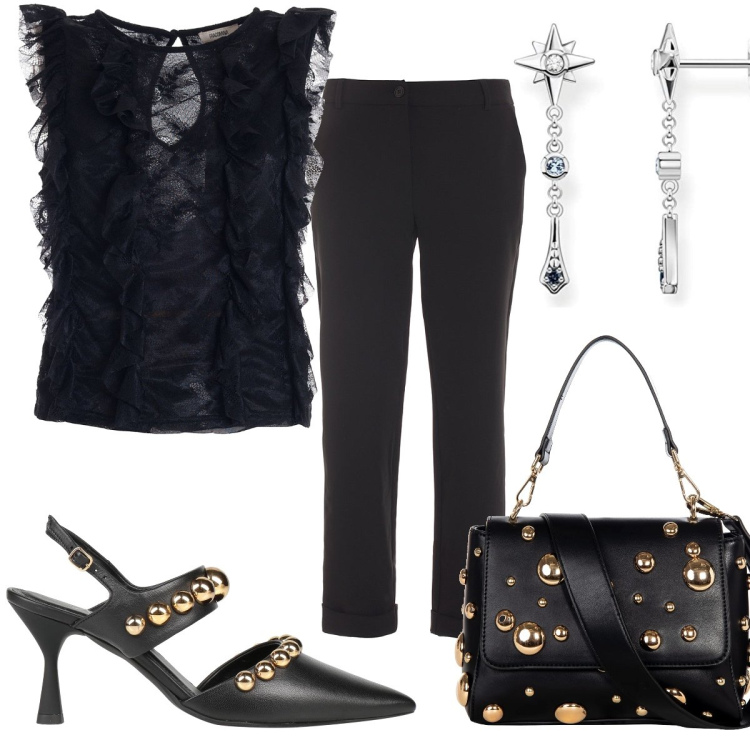 Outfit donna - Voglia di nero. Stile Glamour per Serata fuori. Abbinamento con décolleté, borse a spalla, top, pantaloni, orecchini.