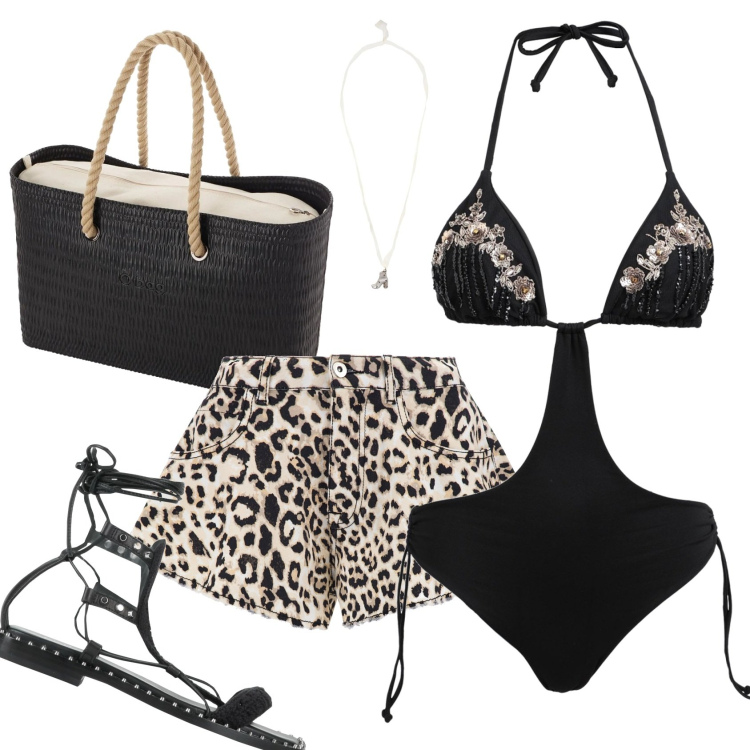 Outfit donna - Concerto in spiaggia. Stile Glamour per Mare. Abbinamento con sandali in pelle, bikini, collane, shorts, borse a spalla.