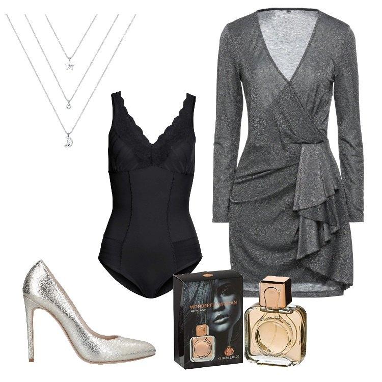 Outfit donna - Meravigliosa Femminilità. Stile Chic per Serata fuori. Abbinamento con body, vestiti corti, décolleté, ciondoli, profumi.