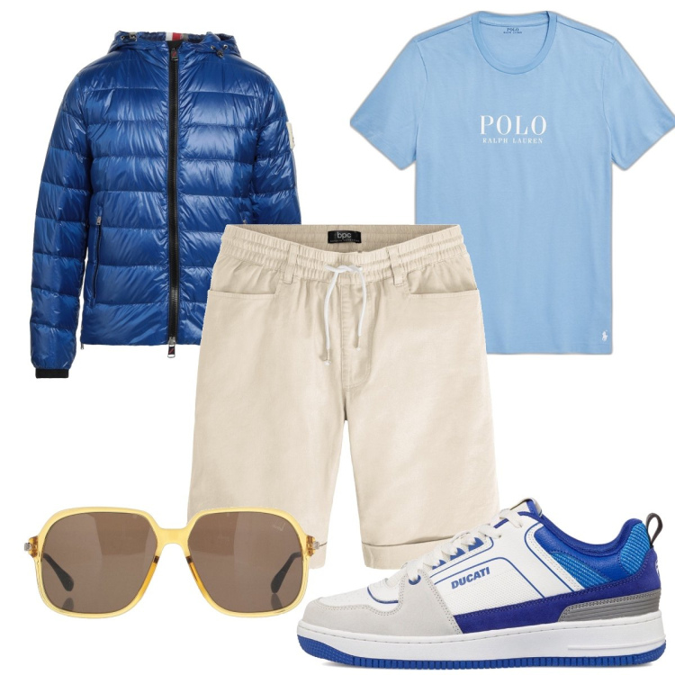 Outfit uomo - Total look #1700787. Stile Trendy per Tutti i giorni. Abbinamento con piumini, occhiali da sole, bermuda, t-shirt, sneakers.