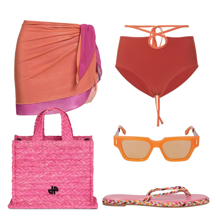 Outfit donna - Total look #1700830. Stile Trendy per Mare. Abbinamento con infradito, vestiti da spiaggia, shopping bag, bikini, occhiali da sole.