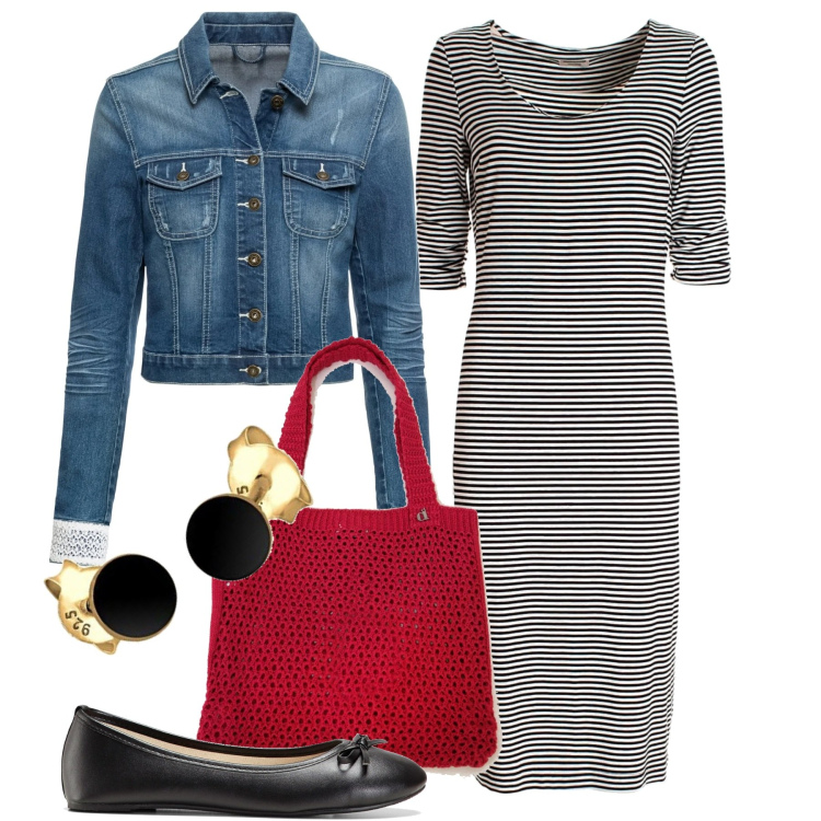 Outfit donna - Il tempo delle ballerine. Stile Casual chic per Tutti i giorni. Abbinamento con ballerine, blazer, vestiti midi/longuette, shopping bag, orecchini.