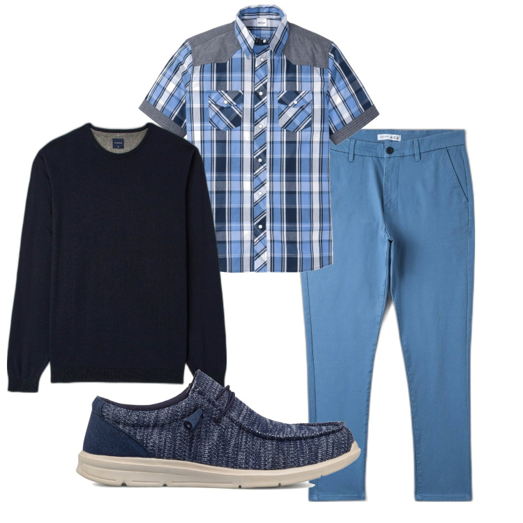 Outfit uomo - Daily blue. Stile Casual per Tutti i giorni. Abbinamento con camicie a manica corta, maglieria, pantaloni chino, scarpe stringate.