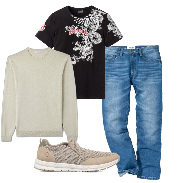 Outfit uomo - Daily dragon. Stile Urban per Tutti i giorni. Abbinamento con jeans dritti, t-shirt, pullovers, sneakers.