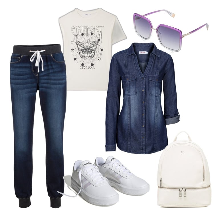 Outfit donna - Comoda x tutti i giorni. Stile Casual per Tutti i giorni. Abbinamento con jeans boyfriend, camicie, t-shirt, sneakers, zaini, occhiali da sole.
