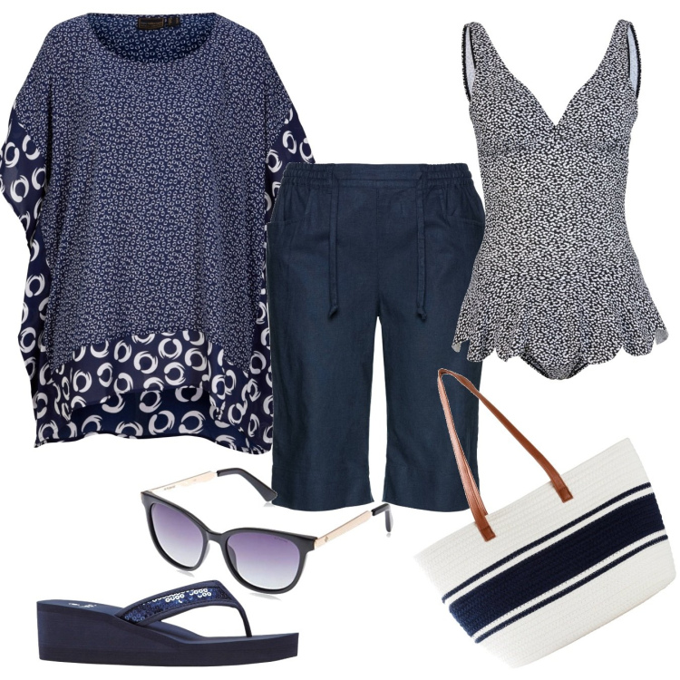 Outfit donna - Eleganza curvy anche al mare. Stile Casual chic per Mare. Abbinamento con bermuda, tuniche, costumi interi, infradito, shopping bag, occhiali da sole.