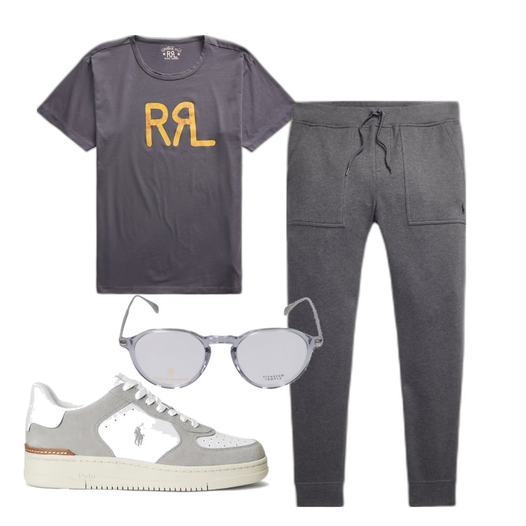 Outfit uomo - Ora sport. Stile Urban per Sport. Abbinamento con t-shirt, sneakers, pantaloni, occhiali da sole.
