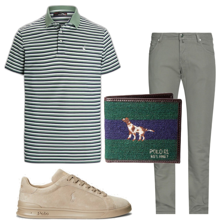 Outfit uomo - La Polo in piqué. Stile Trendy per Tutti i giorni. Abbinamento con pantaloni, sneakers, polo, portafogli.