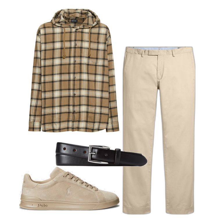 Outfit uomo - Fine settimana in collina. Stile Casual per Tutti i giorni. Abbinamento con sneakers, cinture, pantaloni chino, camicie.