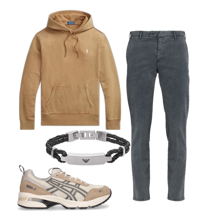 Outfit uomo - La felpa di sera. Stile Casual per Tutti i giorni. Abbinamento con pantaloni, felpe con cappuccio, braccialetti, sneakers.