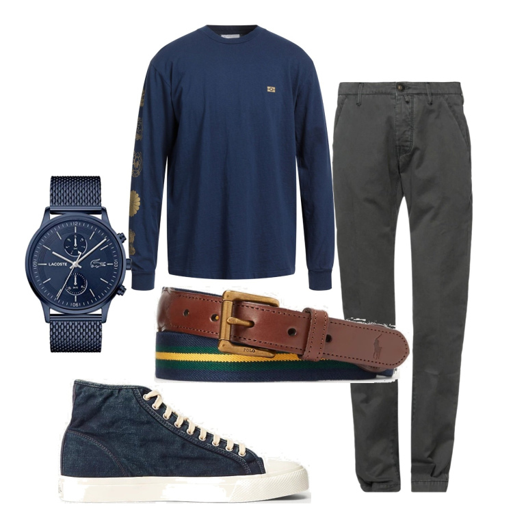 Outfit uomo - In giro a settembre. Stile Casual per Tutti i giorni. Abbinamento con pantaloni, t-shirt, sneakers, cinture, orologi analogici.