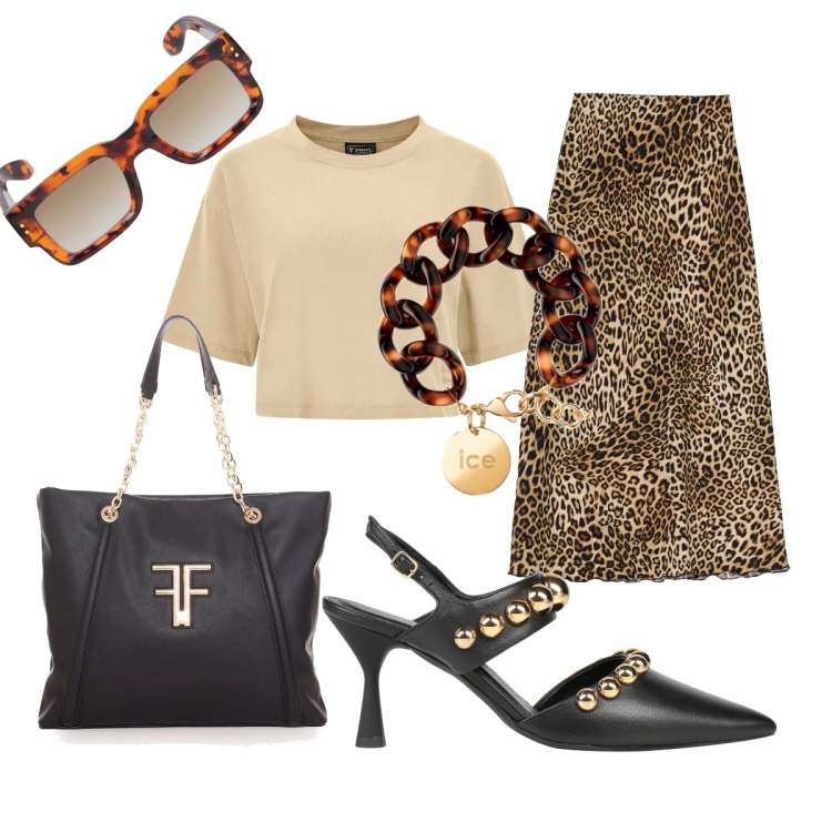 Outfit donna - Total look #1701014. Stile Minimal per Ufficio. Abbinamento con décolleté, shopping bag, t-shirt, gonne longuette, occhiali da sole, braccialetti.