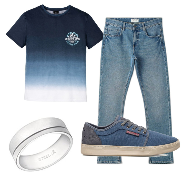 Outfit uomo - Sfumature di blu. Stile Casual per Tutti i giorni. Abbinamento con t-shirt, jeans, sneakers, anelli.