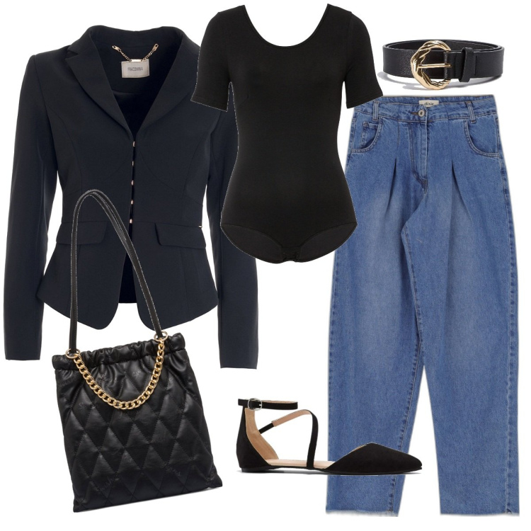 Outfit donna - September. Stile Casual per Tutti i giorni. Abbinamento con body, ballerine, cinture, blazer, borse a spalla, jeans.