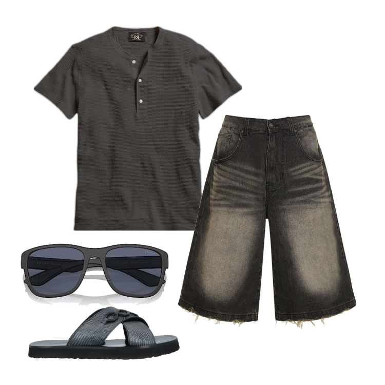 Outfit uomo - Ghost outfitter - agosto. Stile Trendy per Tutti i giorni. Abbinamento con sandali, t-shirt, occhiali da sole, shorts.