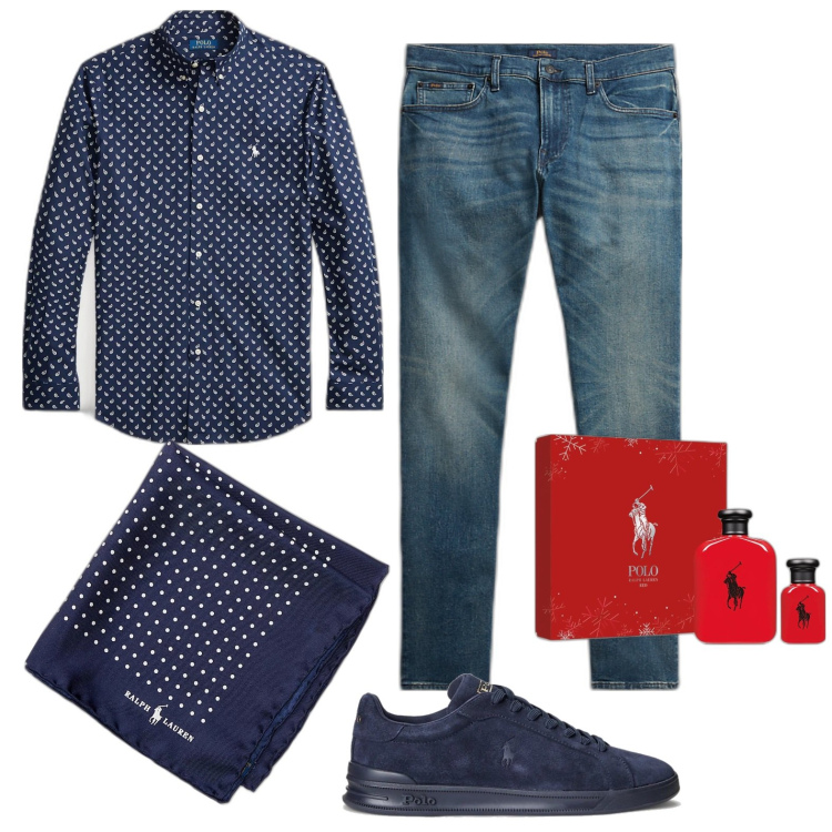 Outfit uomo - Pois blu. Stile Casual per Tutti i giorni. Abbinamento con giacche, polo, sneakers, jeans, camicie.