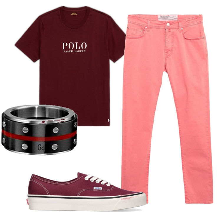 Outfit uomo - La polo bordeaux. Stile Casual per Tutti i giorni. Abbinamento con pantaloni, t-shirt, sneakers, anelli.