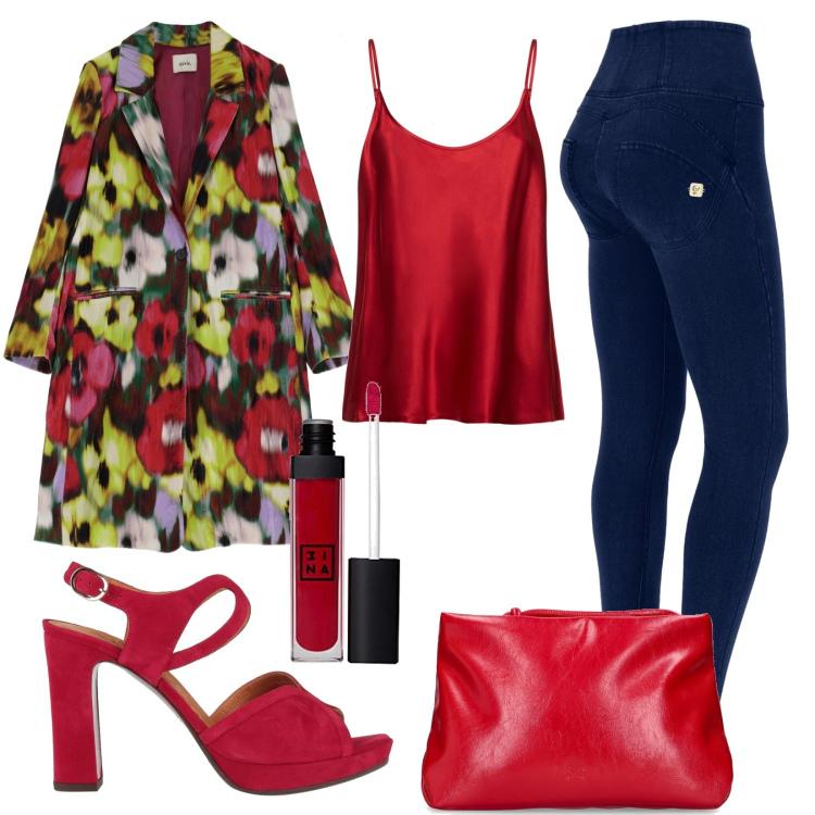 Outfit donna - Rosso e fantasia. Stile Trendy per Serata fuori. Abbinamento con sandali in pelle, jeggings, giacche, top, pochette, gloss.