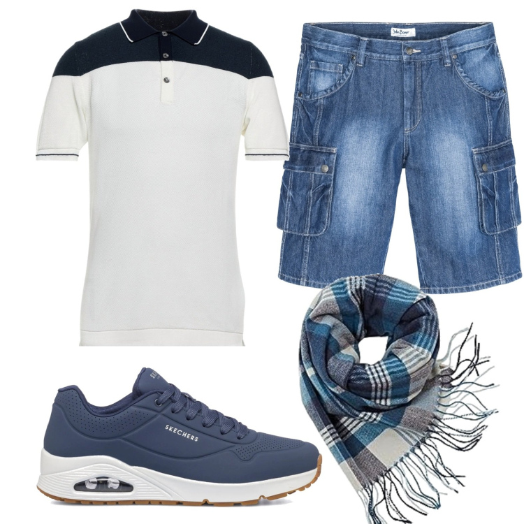 Outfit uomo - Foulard per la sera. Stile Casual per Tutti i giorni. Abbinamento con bermuda, pullovers, sneakers, sciarpe.