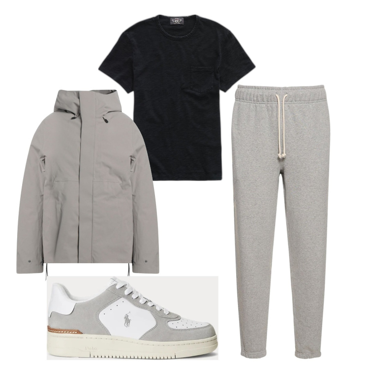 Outfit uomo - Al parco con la pioggia. Stile Urban per Sport. Abbinamento con giacche, t-shirt, sneakers, pantaloni.