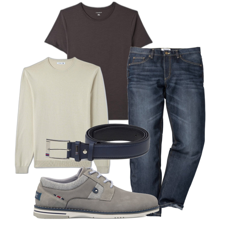 Outfit uomo - I jeans preferiti. Stile Casual per Tutti i giorni. Abbinamento con jeans dritti, pullovers, t-shirt, scarpe stringate, cinture.
