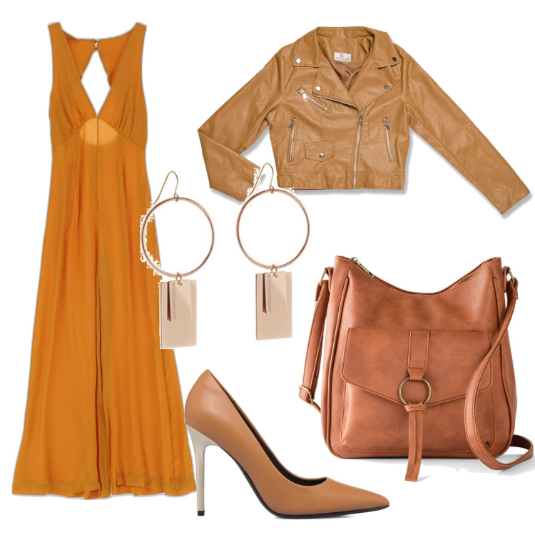 Outfit donna - La tuta. Stile Chic per Serata fuori. Abbinamento con borse a tracolla, tute, cappotti, décolleté, orecchini.
