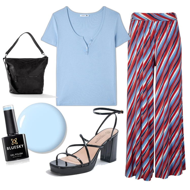 Outfit donna - Pantaloni a righe. Stile Basic per Tutti i giorni. Abbinamento con borse a tracolla, pantaloni a palazzo, t-shirt, sandali in pelle, smalti.