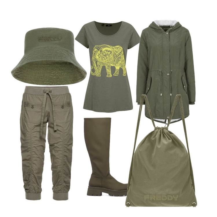 Outfit donna - Verde militare. Stile Military per Tutti i giorni. Abbinamento con pantaloni capri, parka, t-shirt, zaini, cappelli, stivali.