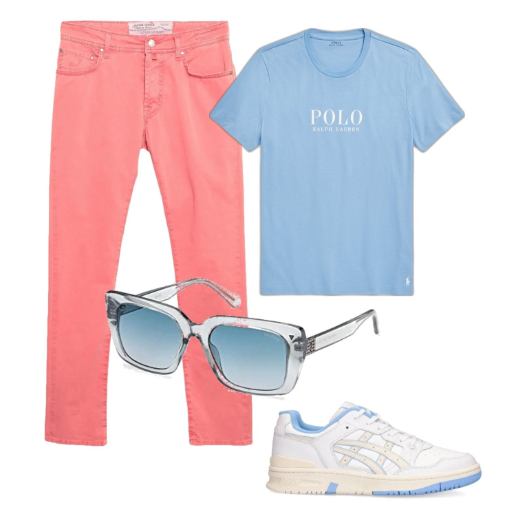 Outfit uomo - Total look. Stile Casual per Tutti i giorni. Abbinamento con pantaloni, t-shirt, sneakers, occhiali da sole.
