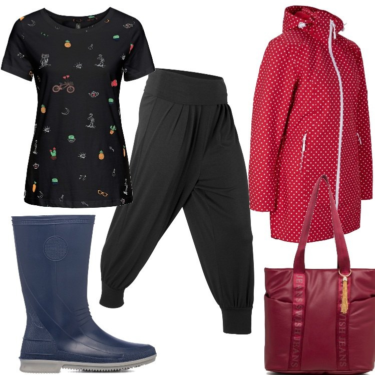 Outfit donna - impermeabile rosso a pois stivali blu. Stile Basic per Tutti i giorni. look ideale per Tall. Abbinamento con pantaloni, blazer, maglieria, borse a spalla, stivali di gomma.