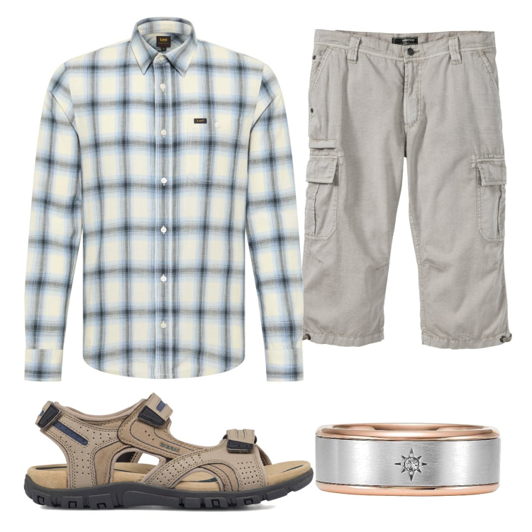Outfit uomo - Passeggiata al parco. Stile Casual per Mare. Abbinamento con bermuda, camicie, sandali, anelli.