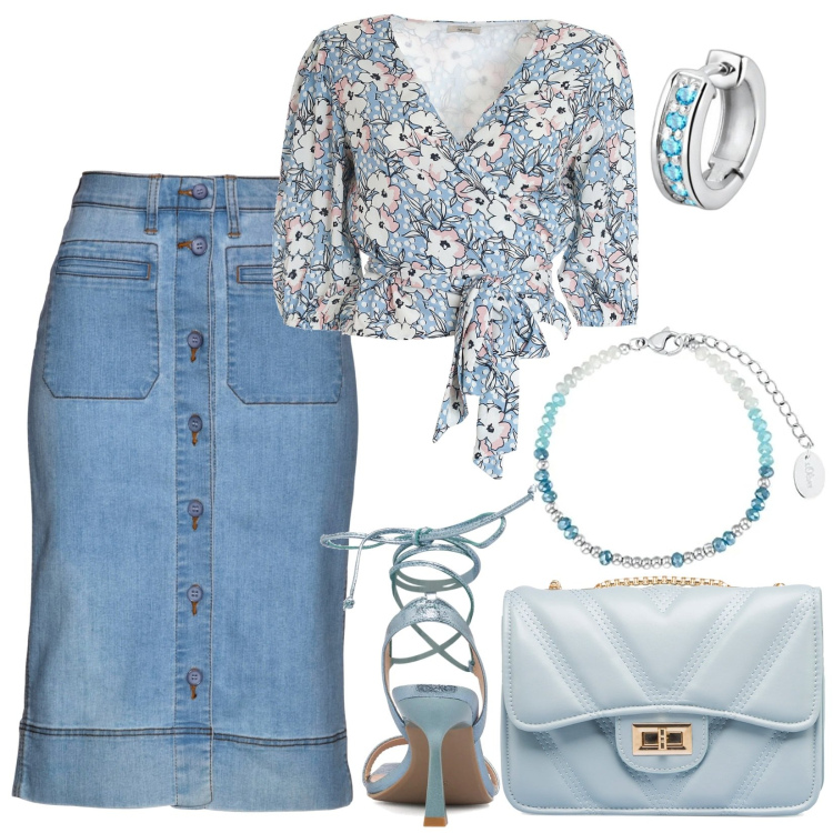 Outfit donna - La gonna di jeans. Stile Vintage retrò per Serata fuori. Abbinamento con gonne, bluse, sandali alla schiava, borse a tracolla, orecchini, braccialetti.