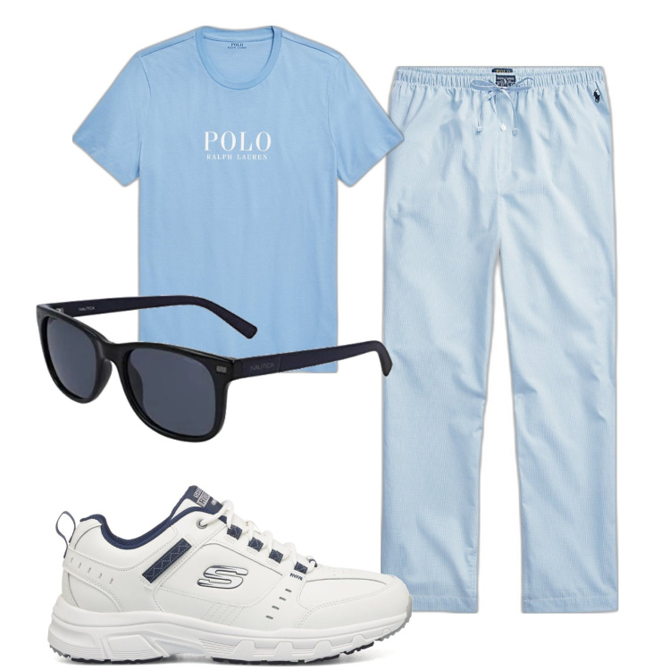 Outfit uomo - Total look. Stile Casual per Tutti i giorni. Abbinamento con sneakers, t-shirt, pantaloni, occhiali da sole.