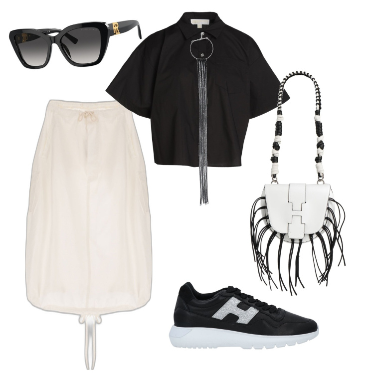 Outfit donna - Le sneakers nere. Stile Casual chic per Tutti i giorni. Abbinamento con sneakers, borse a spalla, collane, camicie a manica corta, gonne longuette, occhiali da sole.