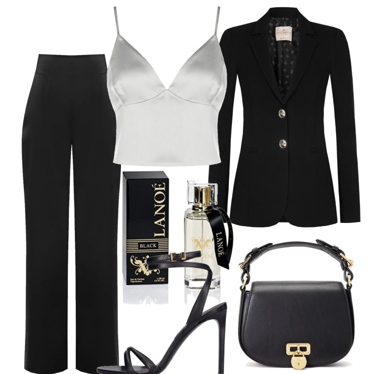 Outfit donna - Eleganza. Stile Chic per Cerimonia. Abbinamento con cappotti, pantaloni a palazzo, top, borse a tracolla, sandali in pelle, profumi.