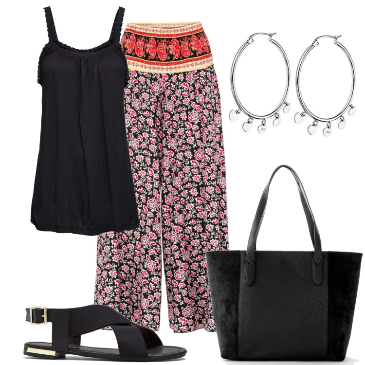 Outfit donna - Nero e fiori. Stile Boho per Tutti i giorni. Abbinamento con shopping bag, sandali, top, pantaloni, orecchini.
