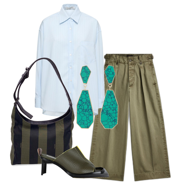 Outfit donna - Verde militare. Stile Casual chic per Tutti i giorni. Abbinamento con infradito, borse a mano, pantaloni, orecchini, camicie.