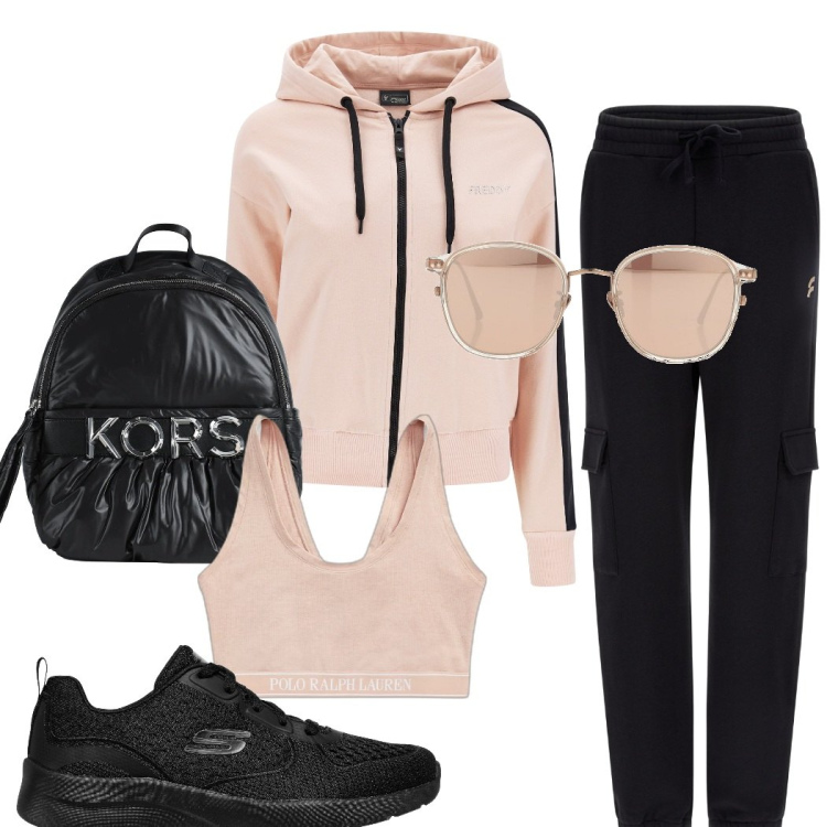 Outfit donna - Total look sportivo. Stile Sporty chic per Tutti i giorni. Abbinamento con zaini, occhiali da sole, felpe con cappuccio, pantaloni cargo, sneakers, canottiere.
