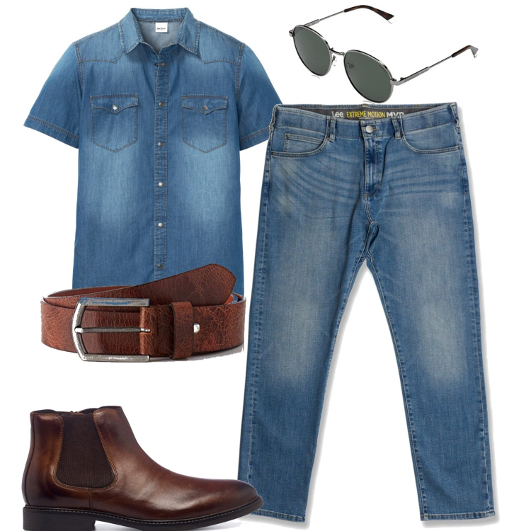 Outfit uomo - Canadian tuxedo. Stile Casual per Tutti i giorni. Abbinamento con camicie a manica corta, jeans slim fit, stivali e stivaletti, cinture, occhiali da sole.