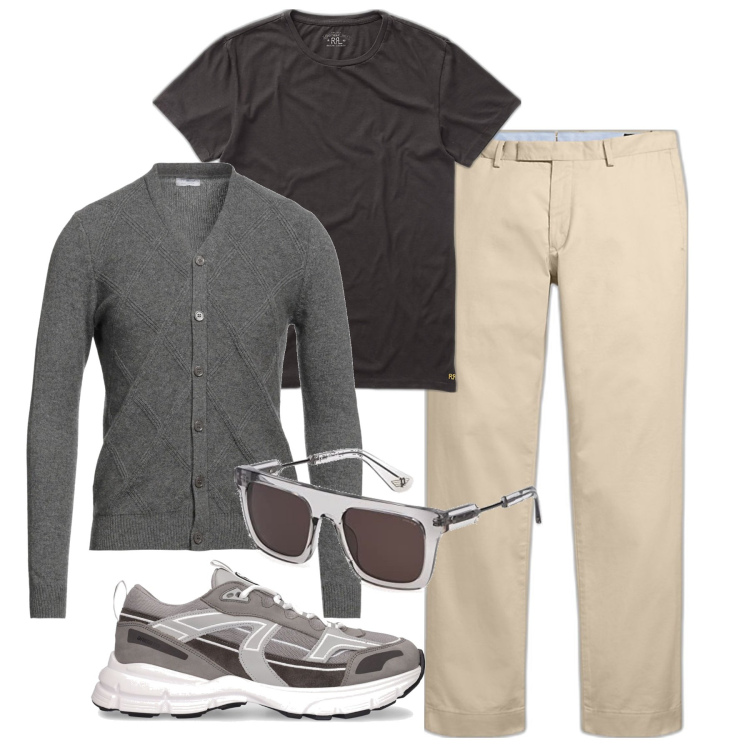 Outfit uomo - Pomeriggio con amici. Stile Casual per Tutti i giorni. Abbinamento con cardigans, t-shirt, pantaloni chino, occhiali da sole, sneakers.