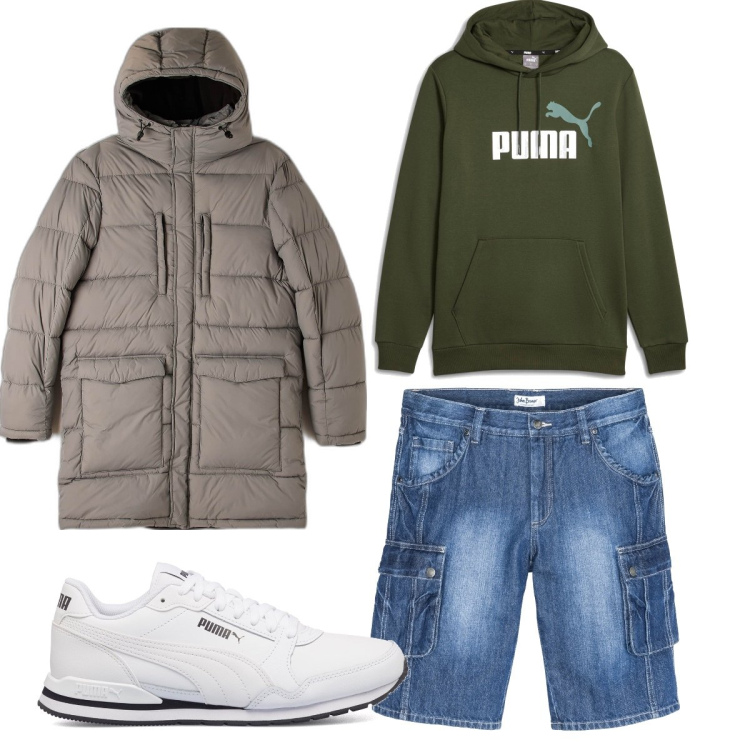 Outfit uomo - Total look #1701789. Stile Casual per Tutti i giorni. Abbinamento con bermuda, piumini, sneakers, felpe con cappuccio.
