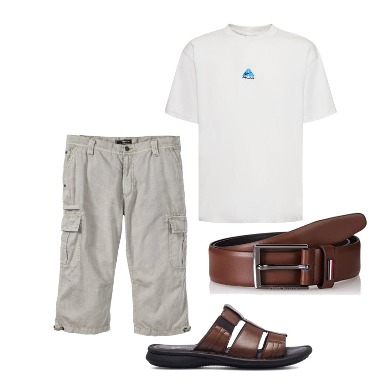 Outfit uomo - Ghost outfitter - agosto. Stile Trendy per Tutti i giorni. Abbinamento con bermuda, sandali, cinture, t-shirt.