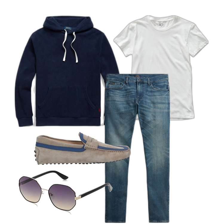 Outfit uomo - Ghost outfitter - agosto. Stile Casual per Tutti i giorni. Abbinamento con scarpe stringate, t-shirt, jeans, felpe con cappuccio, occhiali da sole.