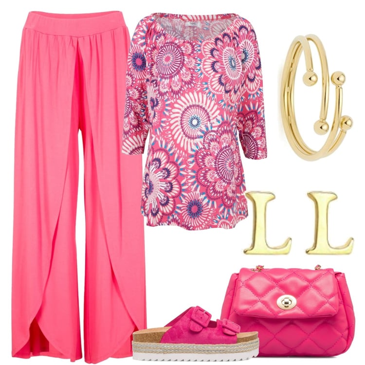Outfit donna - Curvy, colorata per lo shopping. Stile Boho per Tutti i giorni. Abbinamento con maglieria, pantaloni, sandali in pelle, borse a tracolla, orecchini, anelli.
