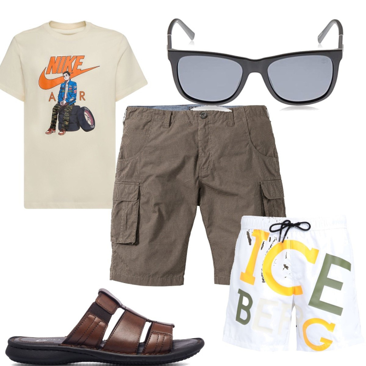 Outfit uomo - Total look #1701868. Stile Trendy per Mare. Abbinamento con bermuda, costumi, sandali, t-shirt, occhiali da sole.