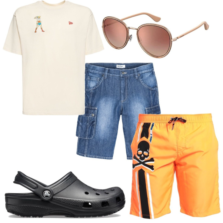 Outfit uomo - Total look #1701877. Stile Trendy per Mare. Abbinamento con bermuda, costumi, sandali, t-shirt, occhiali da sole.