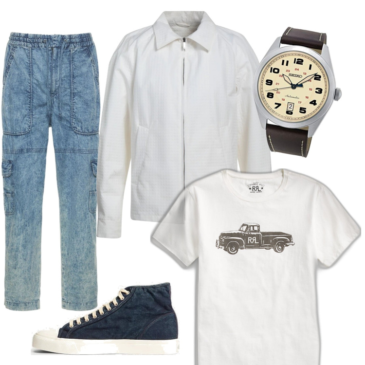 Outfit uomo - T-shirt con grafica furgone RRL. Stile Casual per Tutti i giorni. Abbinamento con giacche, t-shirt, sneakers, pantaloni, orologi analogici.